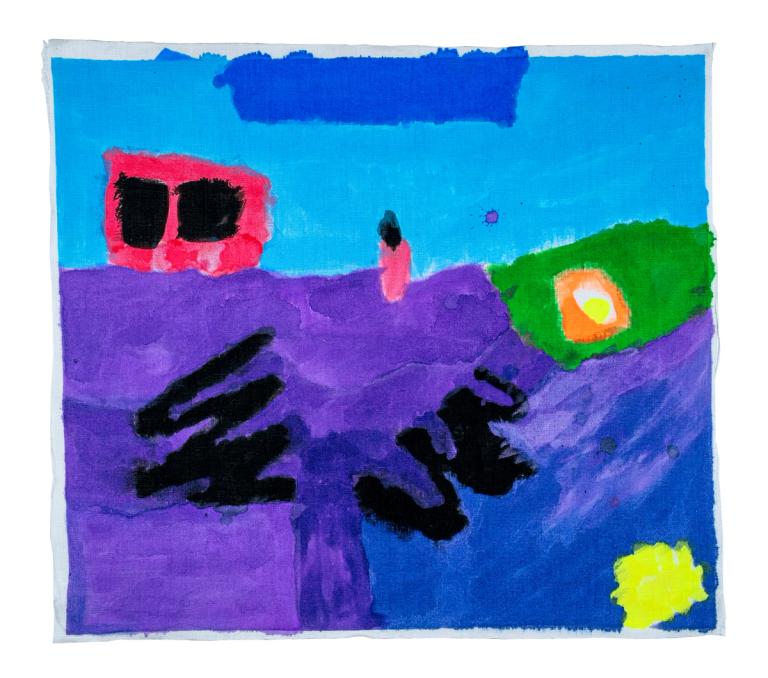 a painting in ink on fabric with saturated colors. the forms are discrete but the ink gives a feeling of flowy-ness. its mostly purple and dark and light blue with a horizon line and some abstracted forms here and there in pink, black, green, and fluorescent yellow