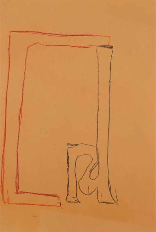 Colored pencil drawing in red, black, and green of pipes on beige construction paper.