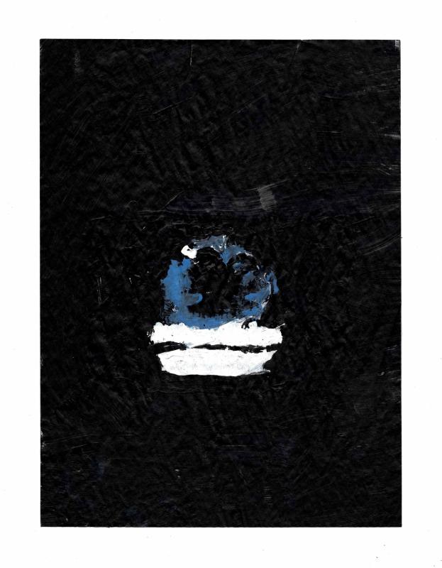 A textural black painting of the New Line Cinema logo, featuring abstract blue and white elements.