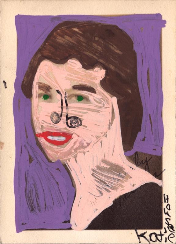 Purple, brown, red, and pink paint markers applied to a found sepia-toned portrait of a woman.