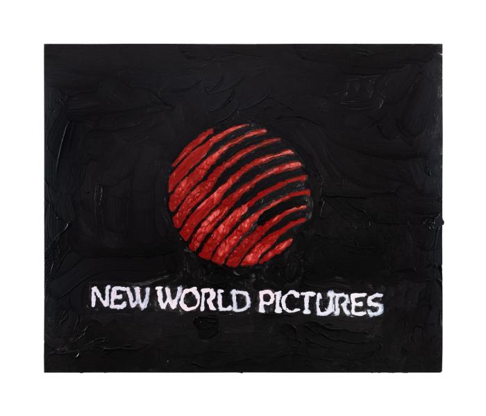 Black t-shirt with red circular design and 'New World Pictures' text on a textured black background