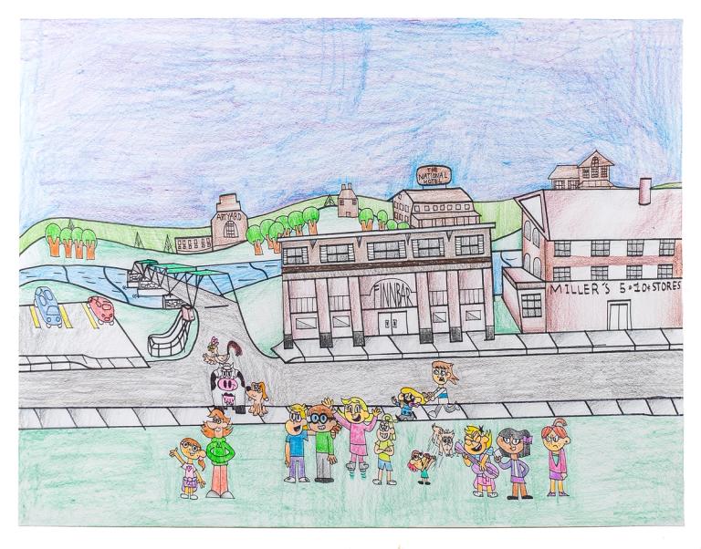 a drawing in colored pencil of a landscape with a crowd of figures gathered in the foreground. rolling hills recede in the distance and then a river with a bridge and then a street with two buildings. one has columns and says 'FINNBAR' and the other says 'Millers 5 and 10$ Stores'. The drawing is in a cartoon style and the figures have exaggerated features.