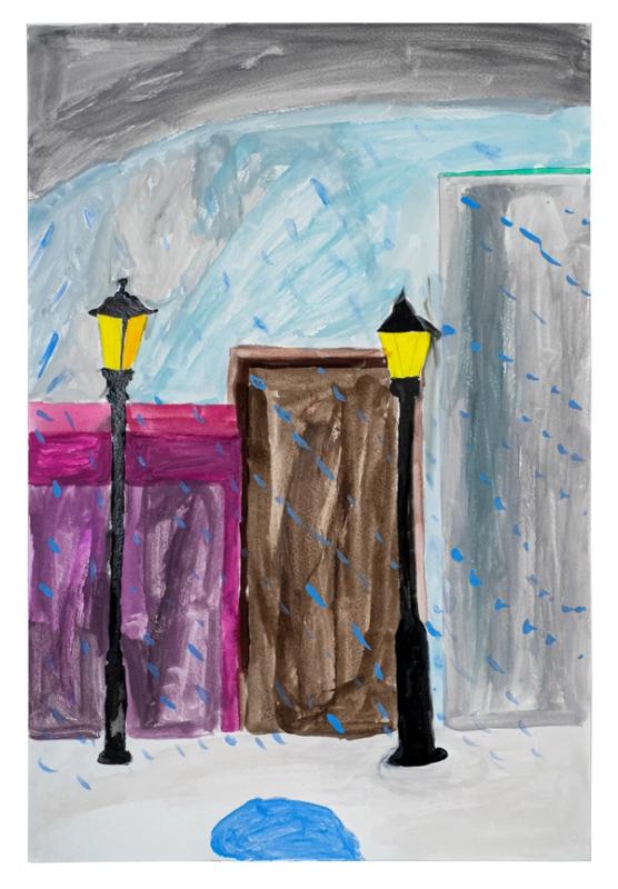 A painting of an outdoor scene centering two light posts in rain. 