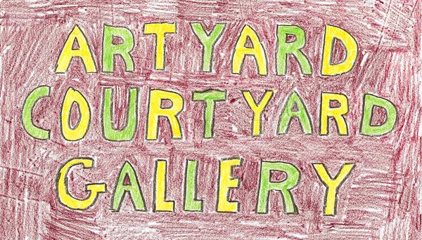 a colored pencil drawing of text with medium thick letters that says: ARTYARD COURTYARD GALLERY. letters alternate between yellow and green on a brown background.