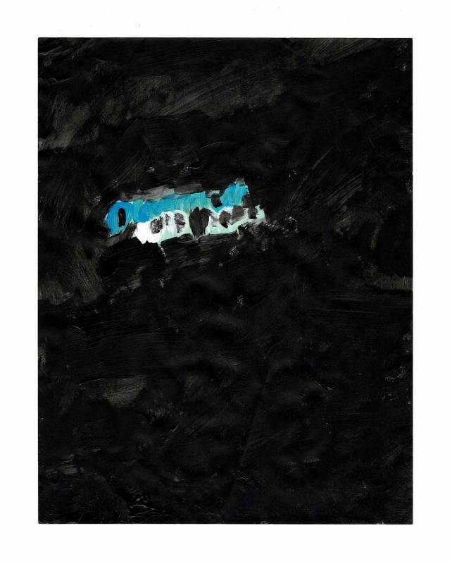 A painting with bold, textural black brushstrokes featuring white and blue text.