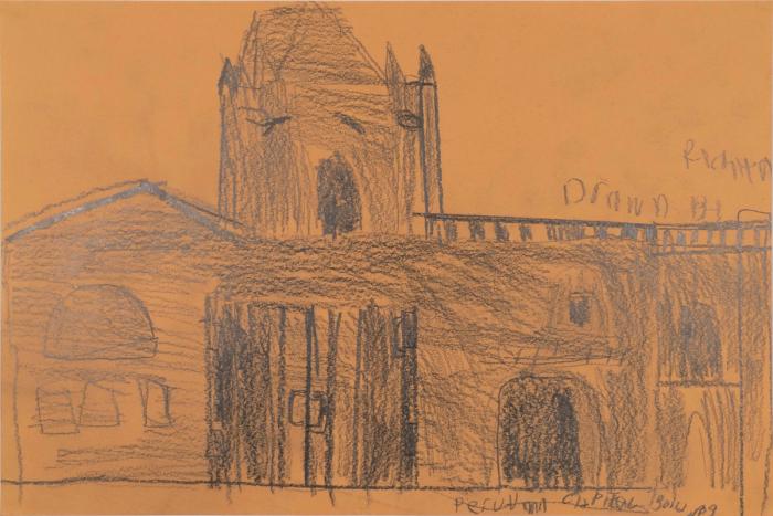 A monochromatic drawing in pencil on beige construction paper of a large castle like structure. The handwritten text at the bottom says, "Peruvian Capital Building."