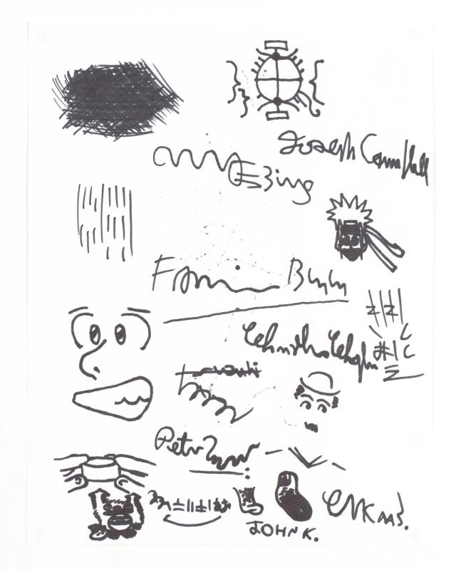 A black marker drawing of faces, line work, and geometric shaped designs 