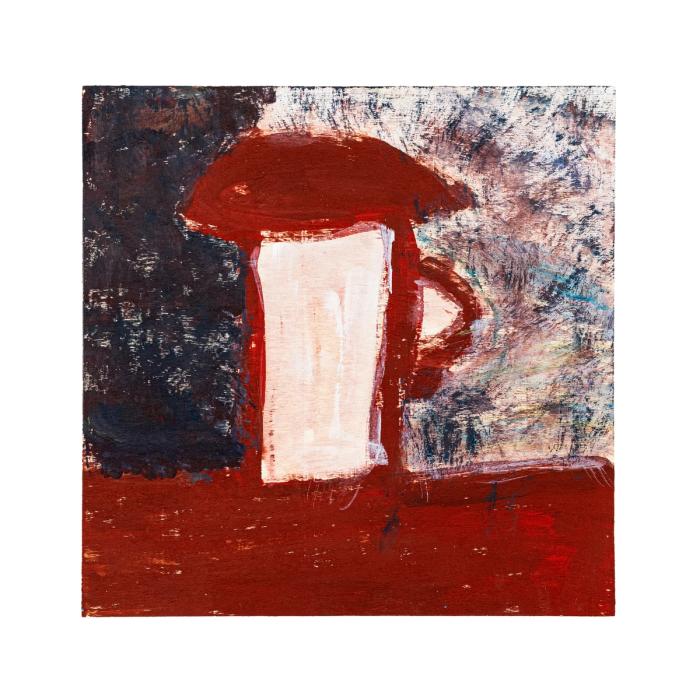 Abstract painting with a prominent red mushroom-like shape on a textured background
