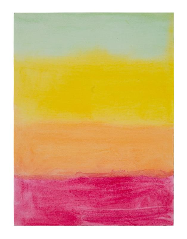 Abstract art with horizontal stripes of green, yellow, orange, and pink on a white background