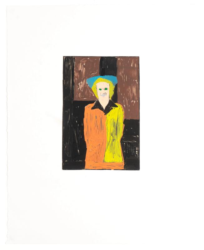 Artwork featuring yellow, orange, black, blue, and brown paint markers on a found photograph. The figure, a white-skinned person with yellow hair and wearing a blue graduation cap and gown, is set against a backdrop of black and brown geometric shapes.