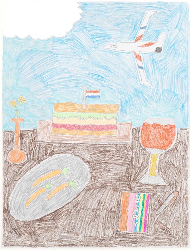 An artistic depiction of an outdoor table setting beneath a pale blue sky. The scene includes a sandwich, a plate of carrots, a rainbow-colored book with the word 'Diary' on the cover, a pen, and a vase of flowers. A plane is visible flying in the sky in the background.