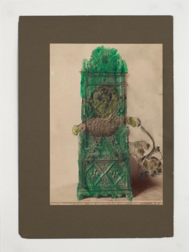 An artwork on a found photograph, featuring a drawing of the children's movie character Shrek holding a leash attached to a donkey. Shrek is seated in the chair of the original photograph.