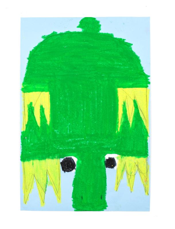A pastel drawing of a green crocodile on a blue background with a yellow border.