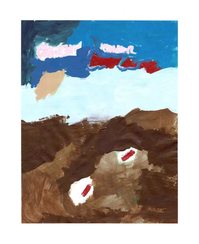 An abstract painting featuring shades of brown on the bottom half of the canvas, with white brushstrokes in the middle separating the brown from the blue, peach, and red hues in the upper section.