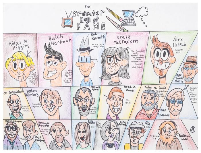 a comic-like drawing of faces in many cells arranged in a loose grid. its lightly colored and the features of the figures are exaggerated. 