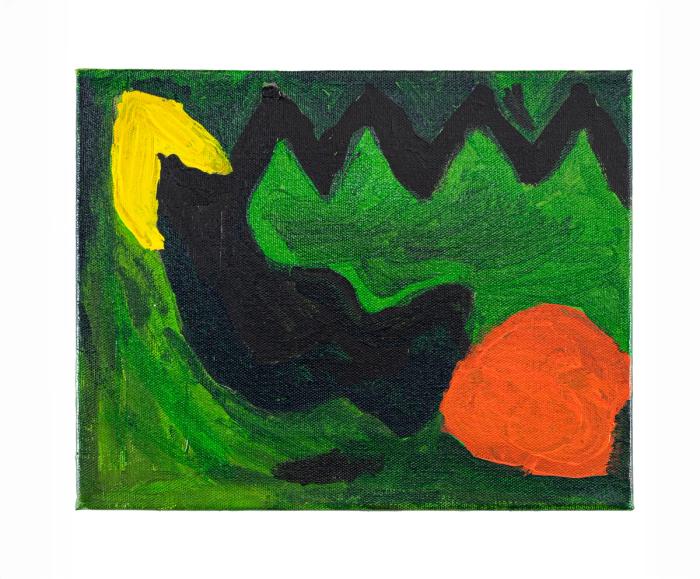 Abstract painting with a black figure, yellow object, and red ball on a green background