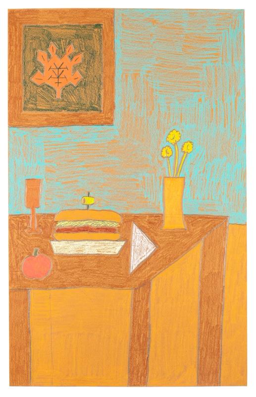 Colored pencil on paper still life drawing of a sandwich on a table, accompanied by a flower pot, a glass, a napkin, and an apple. The colors are warm and hazy, evoking a sense of calm.