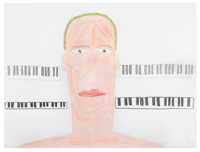 A colored pencil portrait of a light skinned figure with green eyes and red lips. To the right and left side of the person are rectangular piano key patterns. 