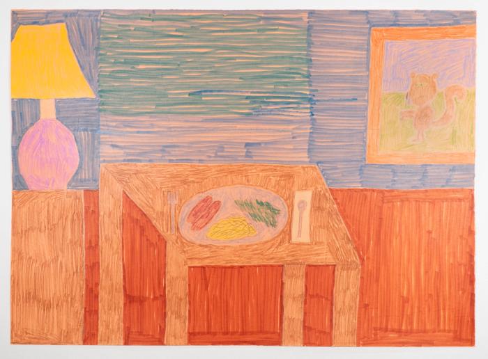 Colored pencil and marker still life artwork depicting a dinner table setting with a lamp and a framed picture of a squirrel. The piece features steady, consistent line work that adds a sense of movement despite its still life nature.