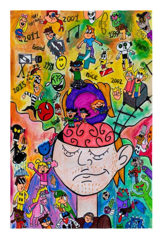 a colorful image with a central figure with eyes closed and his head open to reveal his brain. surrounding the figure are many other figures with different emotions and feelings connotated by their body language and expressions