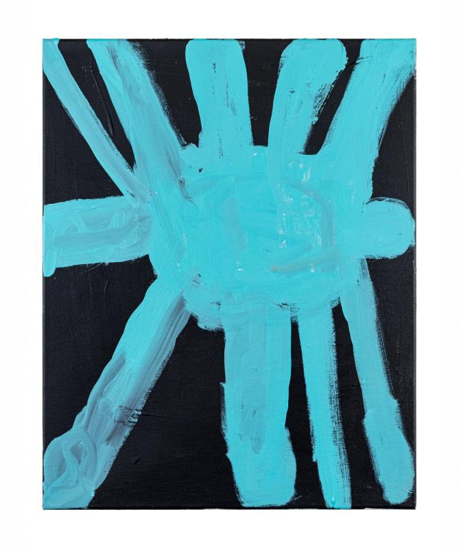 Abstract painting with a blue circular design on a black background