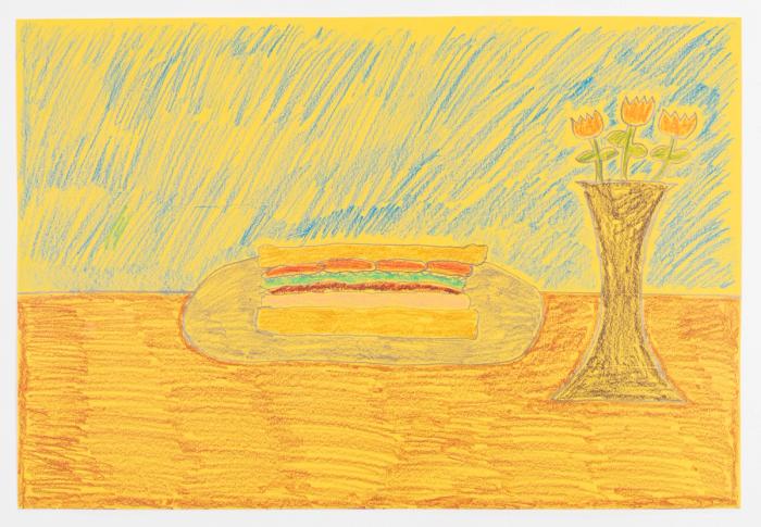 Colored pencil drawing on paper of a sandwich beside a flower pot on a table, set against a blue sketched background.