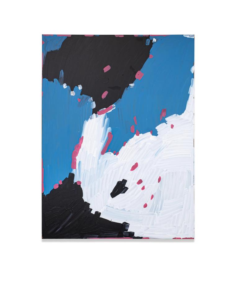 an abstract painting on canvas in light blue, black and white with dark pink hatches. there is a sense of motion or spin in the painting, with a large white shape coming in from the right and turning upwards. the pink marks feel on top, and bring together the otherwise separate fields of color.