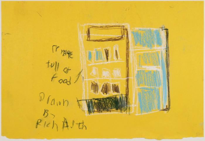 A chalk pastel drawing of a refrigerator full of food on yellow construction paper.