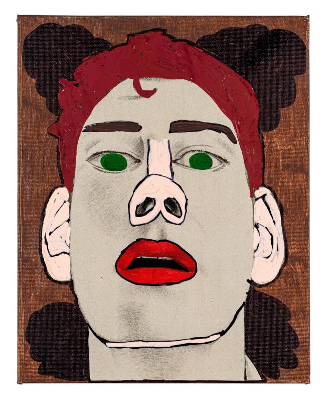 a portrait of a person who is looking straight out at the viewer. they have short red hair and very red lips. their eyes are sap green and the nose is emphasized with black lines. in the background is a loosely 