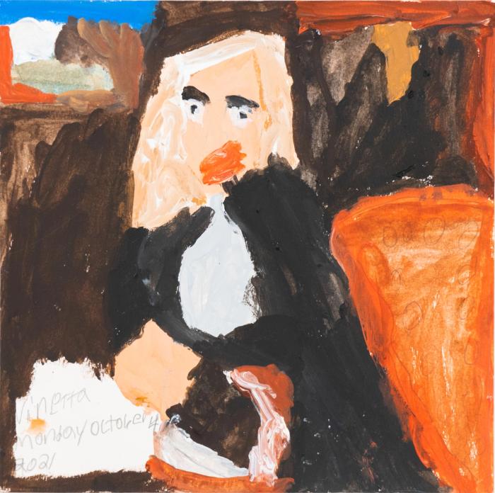 An acrylic on canvas painting of a light skinned, long-haired figure wearing black and white and surrounded by brown, black, and white brushwork. 