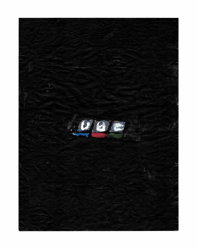 A predominantly black painting of the BBC logo, with white characters underscored by blue, red, and green lines.
