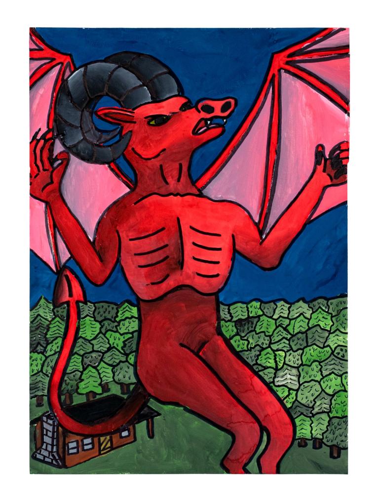 a saturated painting of a flying horned devil creature with large wings that extend past the frame. It has a long spear headed tail and large animal nostrils and fangs. below it is a forest and a small cabin on a green field.