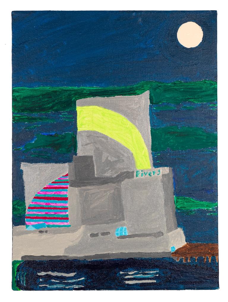 A painting of a large cement structure or building against a deep blue night sky, illuminated by a white moon.