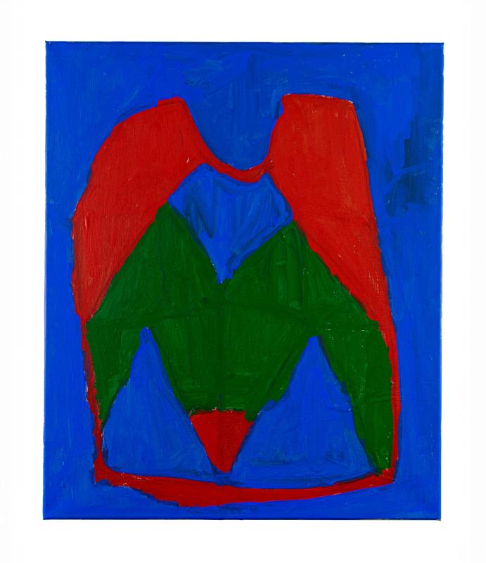 a luminous blue green and red painting. in the center is a almost symmetrical form that appears like an 'M'