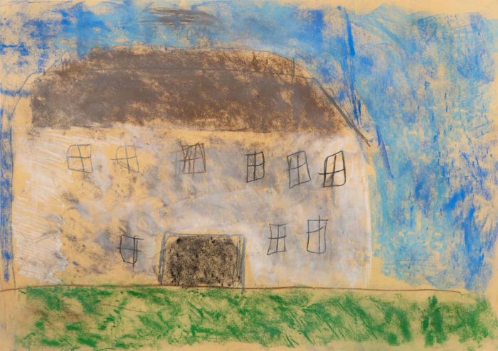 Pastel artwork on paper depicting a large barn, with dynamic line work and splashes of blue, brown, green, white, and gray.