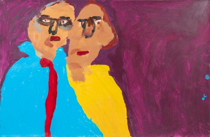 Painting of two light-skinned figures against a deep purple background, so closely positioned they appear conjoined. The figure on the left is wearing a blue outfit and a red tie, while the figure on the right is dressed in yellow. Both figures have straight faces and a sullen expression.