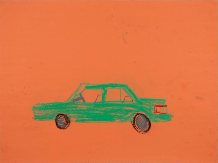 Green chalk pastel on orange construction paper depicting a profile view of a sedan-like car.