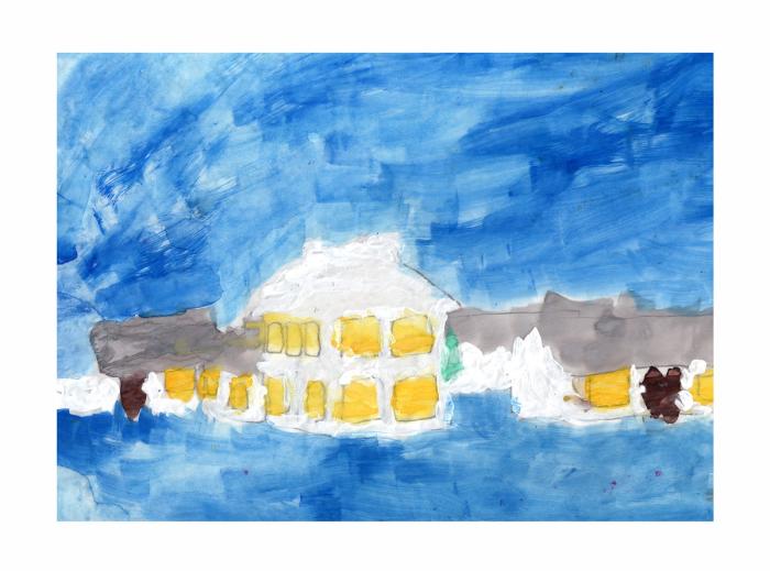 A painting of a house-like structure with yellow windows, set against a blue background, with grey and black elements.