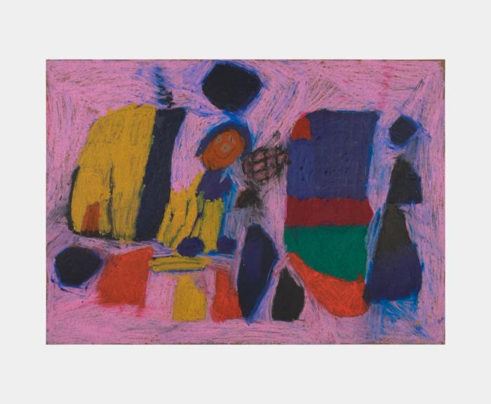 An artwork featuring pastel shades of pink, orange, yellow, blue, and green, arranged in various geometric shapes. The piece also includes a human-like figure with eyes, a nose, and a smile.