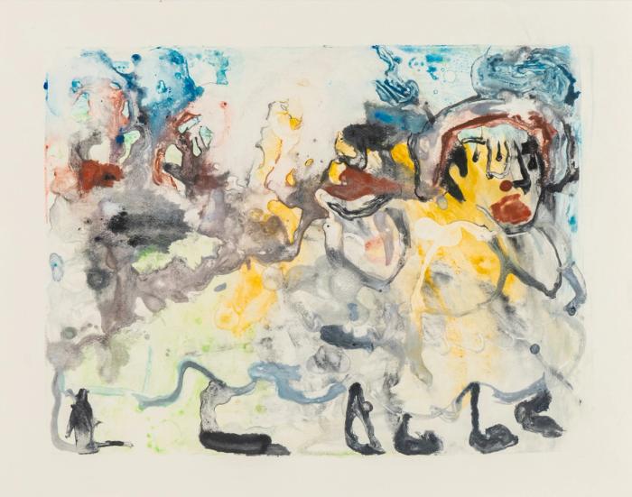 An abstract acrylic monoprint with pale greens, blues, and yellows converging with darker hues. 