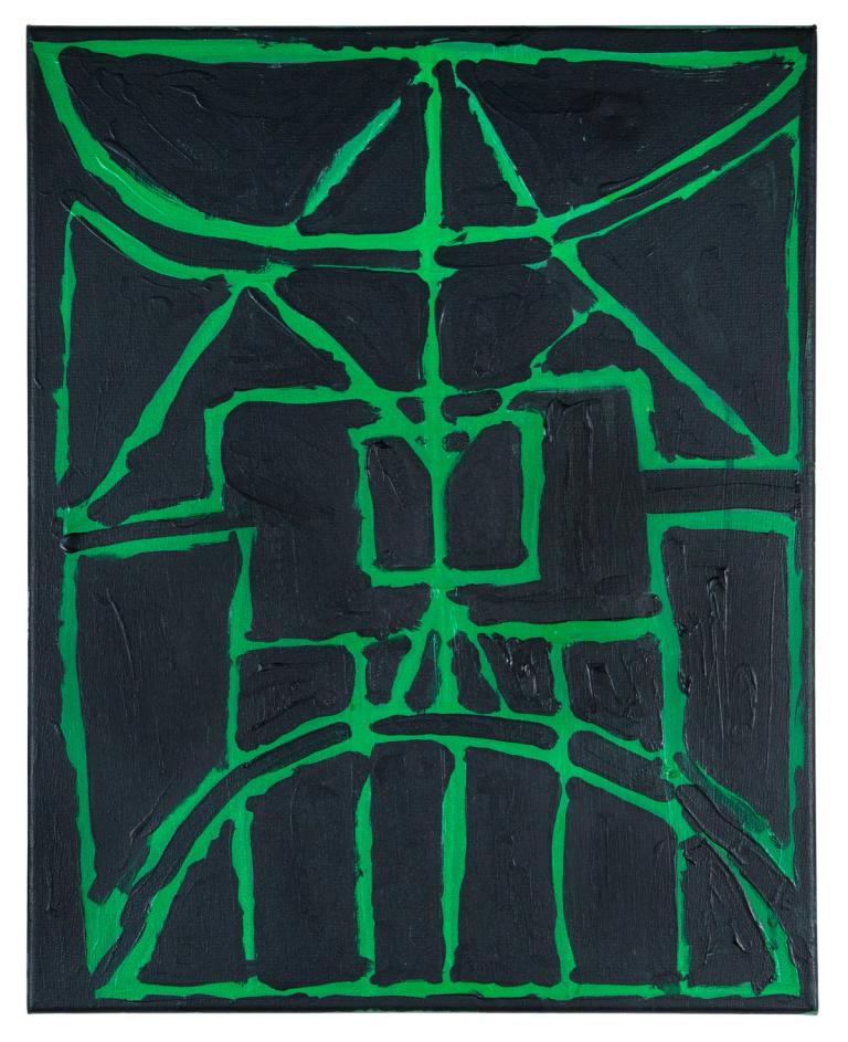 a mostly black painting with light and saturated green lines loosely painted. the lines are loosely symmetrical and seem like the lines painted on a game court, or perhaps some sort of architecture