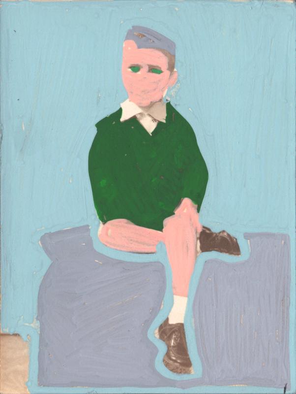 Baby blue, green, and gray paint markers applied to a found photograph of a young boy sitting cross-legged.