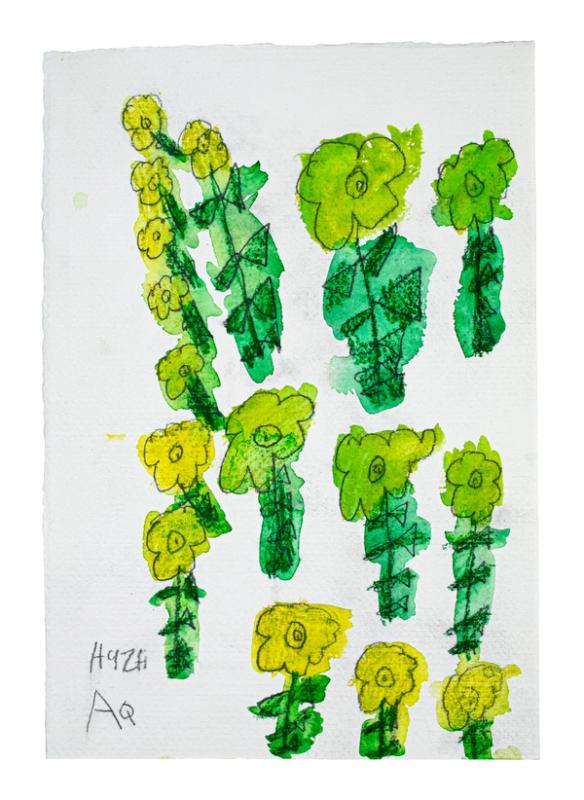 Artistic depiction of green and yellow floral patterns on a white background