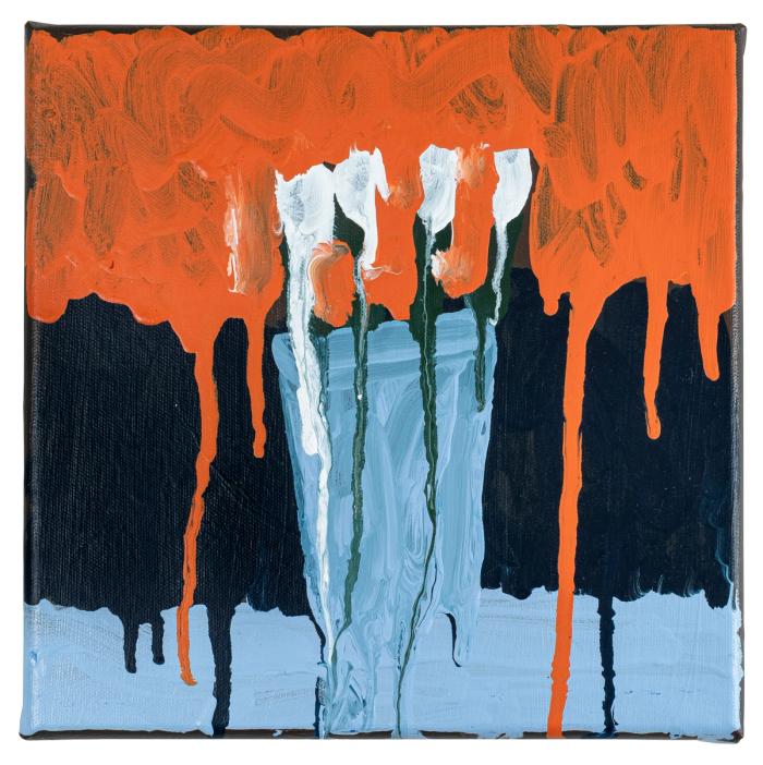 Abstract art piece with orange, white, and blue colors dripping down