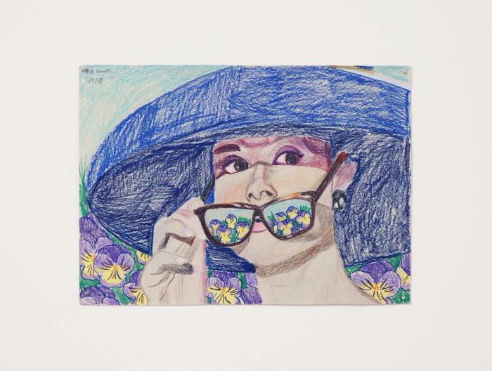 a small drawing in pencil of a white skinned woman pulling down here glasses from her eyes and looking over them. reflected in the glasses are many pansies, which also fill up the background. shes wearing a wide rimmed blue hat