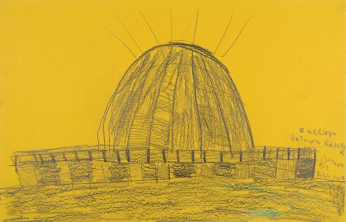Pencil drawing on yellow construction paper of a large nuclear reactor, with rapid line work extending upward from the top.