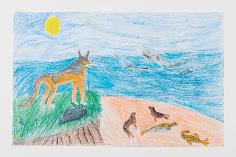 A pastel artwork depicting a mountain bluff overlooking a blue ocean, with animals including a wolf, a whale, and crabs.