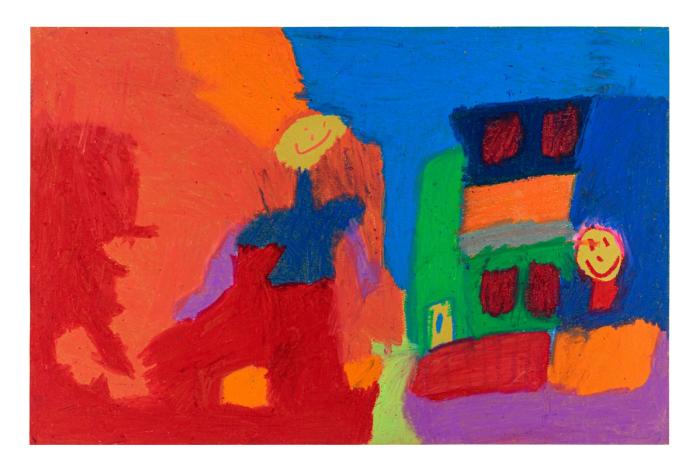 Colorful abstract painting with a house and sun on a red background