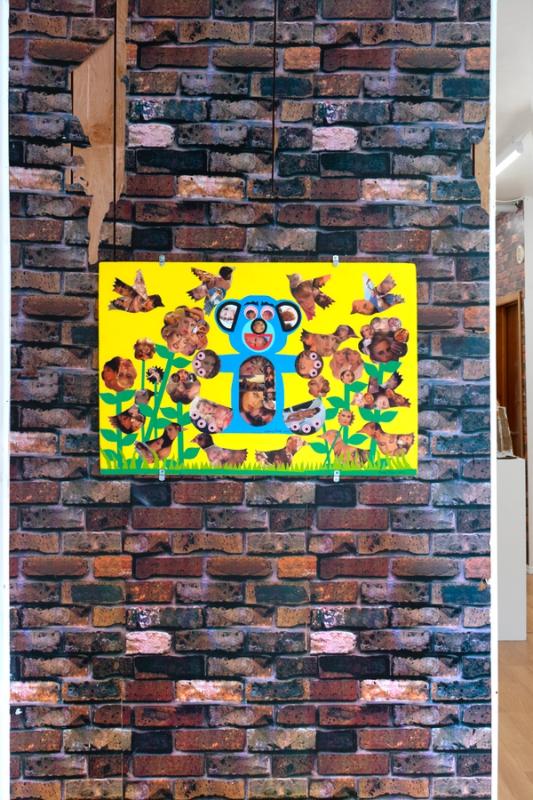 A mixed media collage piece consisting of erotic magazine cutout shapes resembling birds, flowers, and other animals in a playful, child-like garden scene. 