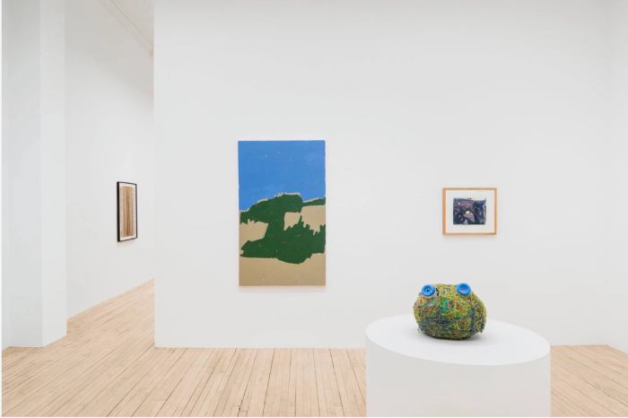 three artworks in a brightly light, wood floored, white walled gallery room. at left is a large abstract painting with a central dark green shape and a blue top. at bottom and sides are sections of tan. in the center is a medium sized sculpture on a round pedestal which is mostly made of yarn and has two blue round shapes at top that look like eyes. at right is a framed artwork which is hard to discern at this distance.